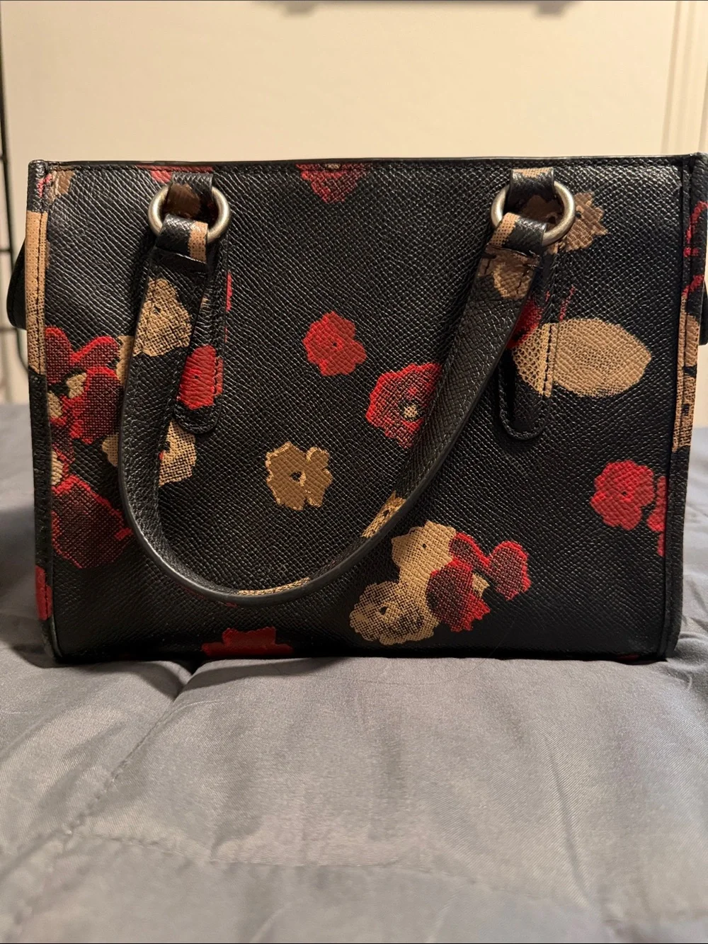 Coach Black Leather Tote with Red & Tan Floral Print
